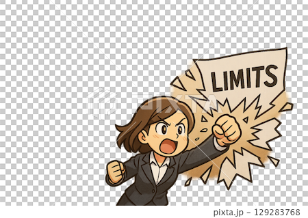 限界を突破する熱血女性社会人のイラスト（中央余白・透過PNG） 129283768