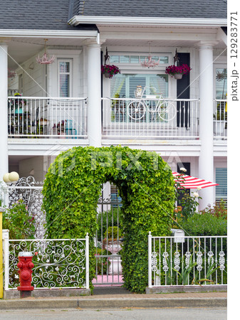 Patterned forged fence with green ivy arch in front of residential house 129283771