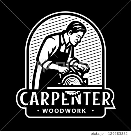 Carpenter with circular saw logo, emblem on dark background. Carpenter with circular saw logo, emblem on dark background. 129283882