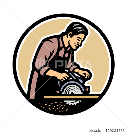 Carpenter with circular saw logo, emblem. 129283883