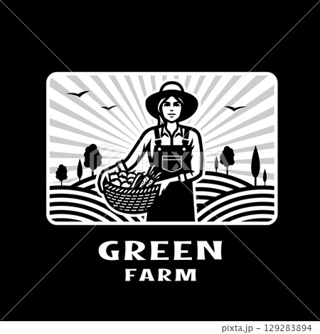 Farmer girl with a basket of vegetables on a dark background. Farmer girl with a basket of vegetables on a dark background. 129283894
