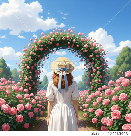 薔薇の花畑で麦わら帽子をかぶった白いドレス女性の後ろ姿イラスト　春　秋　 129283998
