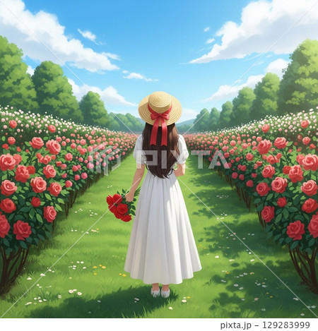 薔薇の花畑で麦わら帽子をかぶった白いドレス女性の後ろ姿イラスト　春　秋　 129283999