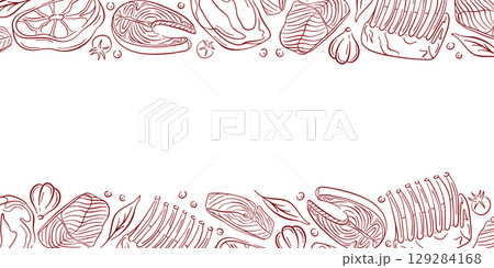 Border design with line art raw meat, salmon, garlic, tomato, pepper and herbs on white background. Perfect for restaurant wallpaper and delivery packaging. 129284168
