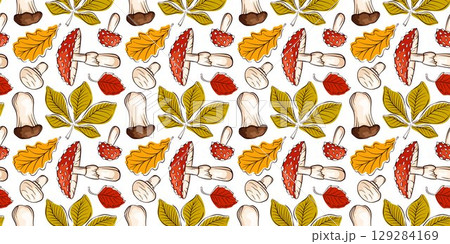 Seamless pattern of cartoon style mushroom Trumpet, Fly Agaric, Destroying Angel, Champignon and chestnut, Birch, oak leaf on a white background. Ideal autumn package, wallpaper and seasonal design. 129284169