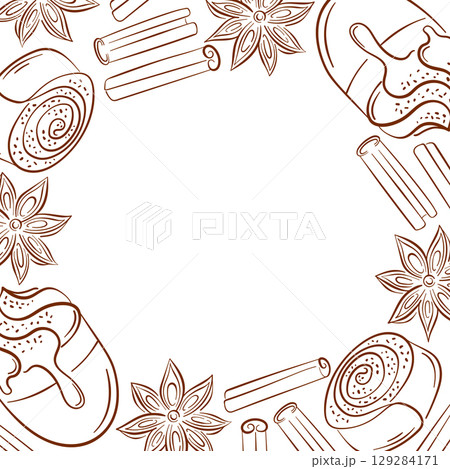 Frame with cinnamon roll, sticks, star anise, coffee mug and frosting bun in line art style. Ideal for bakery menu, packaging, cafe label, pastry shop, invitation and seasonal dessert themed design. 129284171