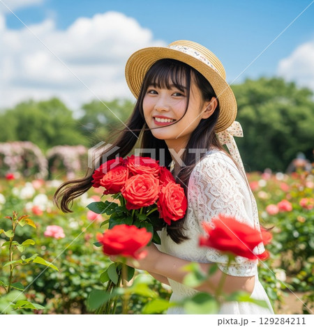 薔薇の花束を持ち麦わら帽子を被り笑顔を見せる女性のバストショット 129284211