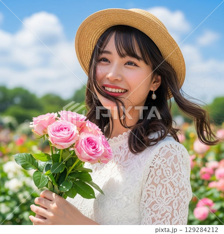 薔薇の花束を持ち麦わら帽子を被り笑顔を見せる女性のバストショット 129284212