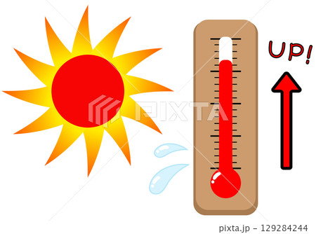 真夏の太陽と上昇する温度計（茶色） 129284244