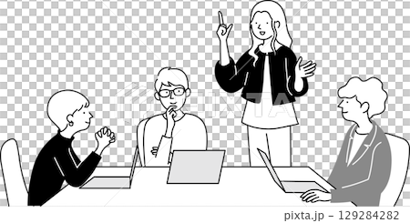 ノートパソコンを開いてミーティングをする男女 ノートパソコンを開いてミーティングをする男女 129284282