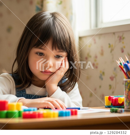 勉強に飽きて頬杖をつき不満そうな表情をするかわいい女の子　ふくれっ面　むくれる　ほおづえをつく子供 129284332