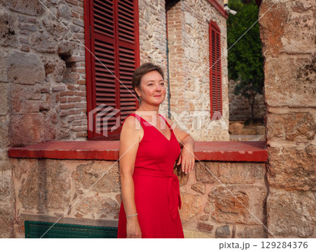 Woman walking narrow streets of old town Antalya Turkey 129284376