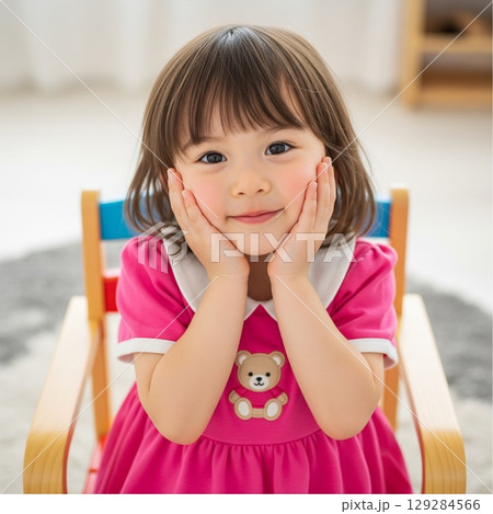 頬に手を当てて愛らしい笑顔を見せる可愛らしい女の子のポートレート 129284566