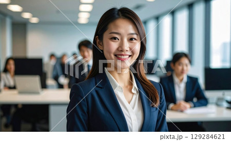 転職に成功したキャリアウーマン オフィスで自信に満ちた笑顔を見せる若い日本人女性ビジネスパーソン 転職に成功したキャリアウーマン オフィスで自信に満ちた笑顔を見せる若い日本人女性ビジネスパーソン 129284621