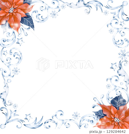 Christmas square frame with poinsettia and snow ornament on a white background. Watercolor illustration Christmas square frame with poinsettia and snow ornament on a white background. Watercolor illustration 129284642