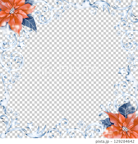 Christmas square frame with poinsettia and snow ornament on a white background. Watercolor illustration Christmas square frame with poinsettia and snow ornament on a white background. Watercolor illustration 129284642