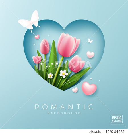 Tulip flowers on light blue heart, butterfly and pink heart, romantic design on light blue poster background 129284681