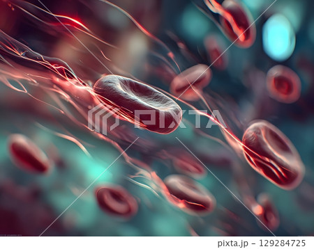 Red blood cells softly glide with bright glowing lines in fluid stream, showing inner body life. 129284725