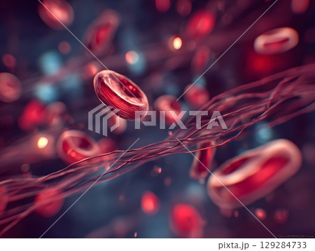 Bright red blood cells smoothly travel through thin capillaries. This microscopic view shows life's vital flow. 129284733