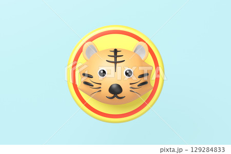 A cute 3D cartoon tiger head avatar with a friendly expression, centered within a yellow circle with a red outer ring, set against a soft light blue background. Minimalist style, vibrant colors. A cute 3D cartoon tiger head avatar with a friendly expression, centered within a yellow circle with a red outer ring, set against a soft light blue background. Minimalist style, vibrant colors. 129284833