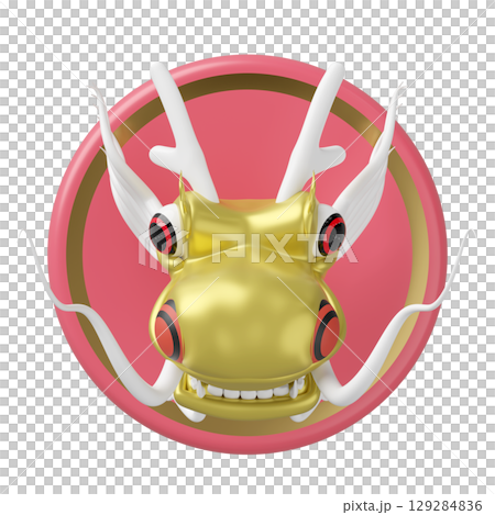 3D golden dragon head in a cute, stylized cartoon rendering with white horns and whiskers, featuring red eyes and visible teeth, set against a pink circular background with a gold border. 3D golden dragon head in a cute, stylized cartoon rendering with white horns and whiskers, featuring red eyes and visible teeth, set against a pink circular background with a gold border. 129284836