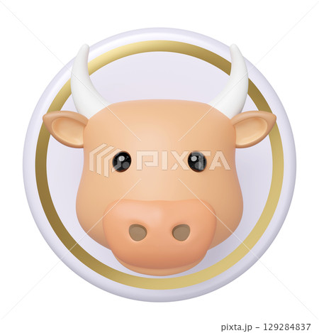 Vibrant 3D cartoon cow head icon with a glossy finish, set within a golden ring. This stylized ox symbol is ideal for zodiac, farm animals, or Lunar New Year concepts. Vibrant 3D cartoon cow head icon with a glossy finish, set within a golden ring. This stylized ox symbol is ideal for zodiac, farm animals, or Lunar New Year concepts. 129284837