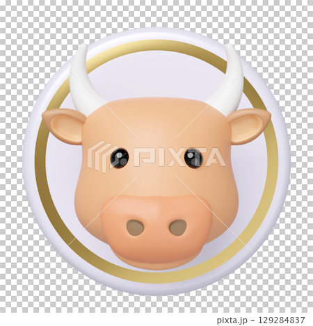 Vibrant 3D cartoon cow head icon with a glossy finish, set within a golden ring. This stylized ox symbol is ideal for zodiac, farm animals, or Lunar New Year concepts. Vibrant 3D cartoon cow head icon with a glossy finish, set within a golden ring. This stylized ox symbol is ideal for zodiac, farm animals, or Lunar New Year concepts. 129284837