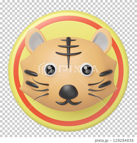 Cute 3D rendered cartoon tiger head icon with black stripes, nose, and big eyes, set against a yellow circle with red rings. Ideal for avatars, emojis, or Year of the Tiger designs. Cute 3D rendered cartoon tiger head icon with black stripes, nose, and big eyes, set against a yellow circle with red rings. Ideal for avatars, emojis, or Year of the Tiger designs. 129284838