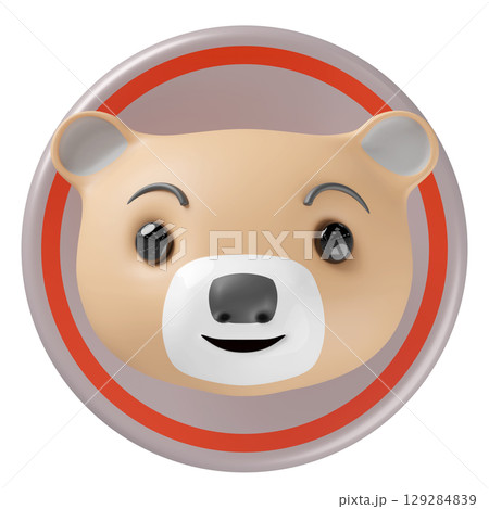 A cute 3D cartoon bear head with a friendly smile, big eyes, and a black nose, set within a grey circular badge with a red border. Whimsical animal character. A cute 3D cartoon bear head with a friendly smile, big eyes, and a black nose, set within a grey circular badge with a red border. Whimsical animal character. 129284839