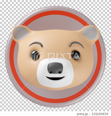 A cute 3D cartoon bear head with a friendly smile, big eyes, and a black nose, set within a grey circular badge with a red border. Whimsical animal character. A cute 3D cartoon bear head with a friendly smile, big eyes, and a black nose, set within a grey circular badge with a red border. Whimsical animal character. 129284839