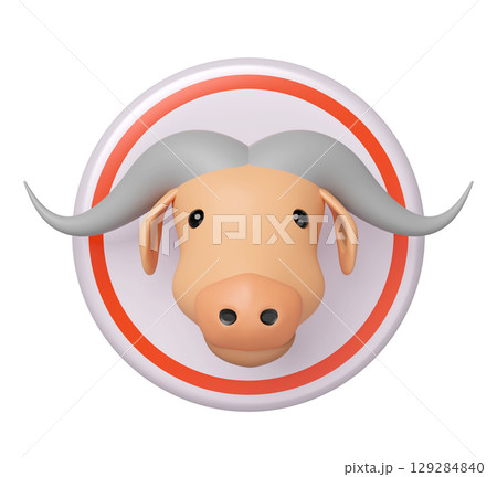 Cute 3D stylized bull/buffalo head with large grey horns in a pink circle, outlined in red. Modern, minimal design ideal for avatars, zodiac, or animal-themed projects. Cute 3D stylized bull/buffalo head with large grey horns in a pink circle, outlined in red. Modern, minimal design ideal for avatars, zodiac, or animal-themed projects. 129284840