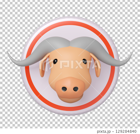 Cute 3D stylized bull/buffalo head with large grey horns in a pink circle, outlined in red. Modern, minimal design ideal for avatars, zodiac, or animal-themed projects. Cute 3D stylized bull/buffalo head with large grey horns in a pink circle, outlined in red. Modern, minimal design ideal for avatars, zodiac, or animal-themed projects. 129284840