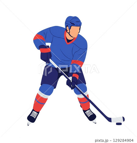 Ice hockey player in action with puck and stick on white background Ice hockey player in action with puck and stick on white background 129284904