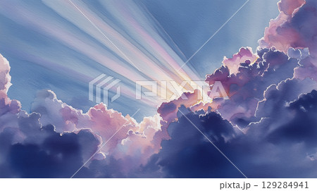 雲の切れ間から入る太陽の光の水彩イラスト 129284941