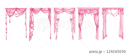 Pink watercolor curtains frame set, window vintage drapery illustration, elegant interior door decor Pink watercolor curtains frame set, window vintage drapery illustration, elegant interior door decor 129285030