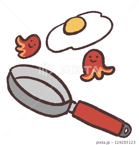 フライパンとタコさんウィンナーと目玉焼きのイラスト フライパンとタコさんウィンナーと目玉焼きのイラスト 129285123