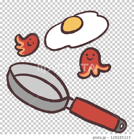 フライパンとタコさんウィンナーと目玉焼きのイラスト フライパンとタコさんウィンナーと目玉焼きのイラスト 129285123