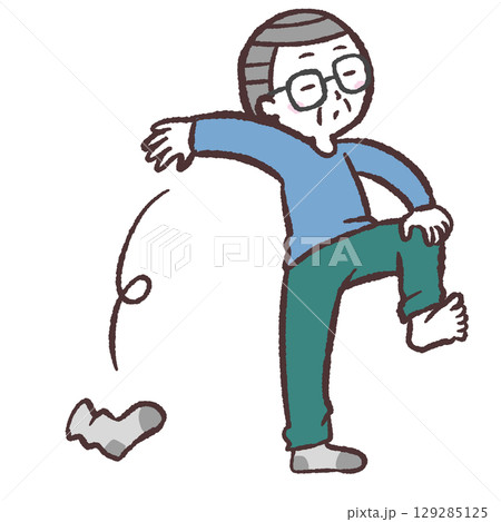 靴下をその辺に脱ぎ捨てるシニア男性のイラスト 129285125