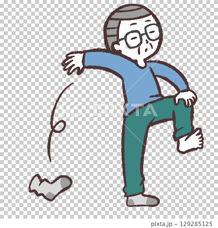 靴下をその辺に脱ぎ捨てるシニア男性のイラスト 129285125