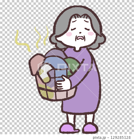 臭い洗濯かごを抱えるシニア女性のイラスト 129285128