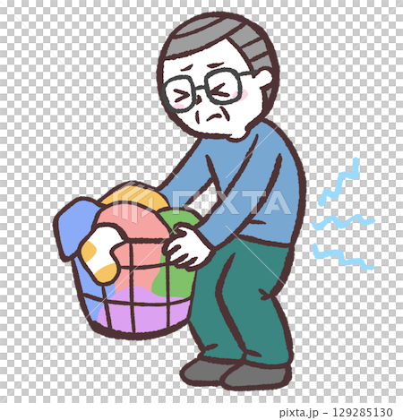 重そうに洗濯かごを持つシニア男性のイラスト 129285130