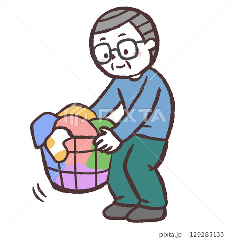 洗濯かご持ち上げるシニア男性のイラスト 129285133