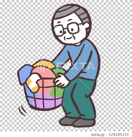 洗濯かご持ち上げるシニア男性のイラスト 129285133