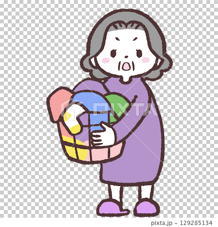 洗濯かご持って声をかけるシニア女性のイラスト 129285134