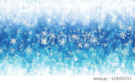 A dynamic winter background featuring numerous white snowflakes against a gradient of blue hues 129285151