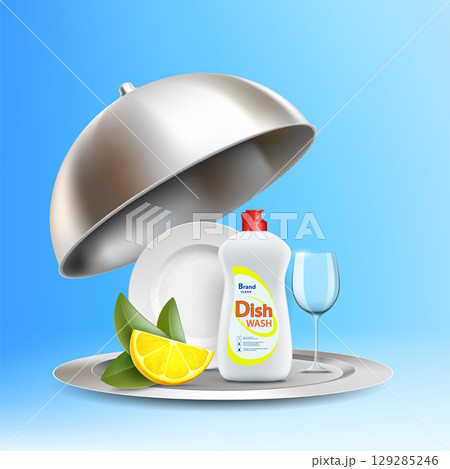 Dishwashing liquid and clean dishes on a tray 129285246