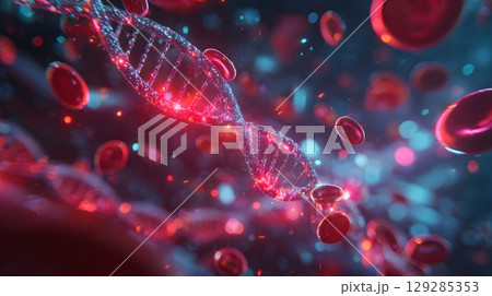 Sparkling DNA and red blood cells float in a vibrant biological scene. 129285353