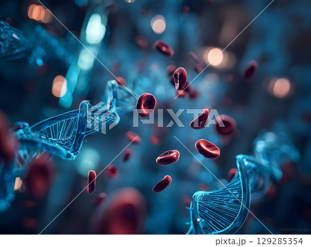 Red cells and blue DNA strands are gently moving in a dark liquid. 129285354