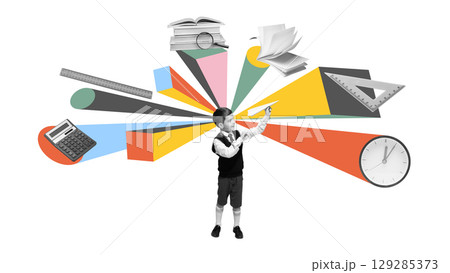 Bright collage of enthusiastic boy throwing paper plane with educational icons around 129285373
