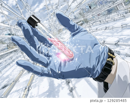 人工血液の入った試験管を手にした医療研究のアニメ風イラスト素材（接写） 129285485